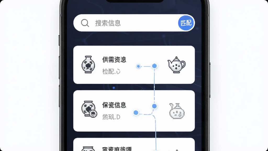 景瓷商链资源对接功能展示,主体为手机屏幕中的供需信息列表与匹配图标,布局为上下结构,上方为搜索框,下方为卡片式资源列表,风格为简约商务风,细节包括陶瓷图标与连接线条,画质清晰,干净,无多余元素