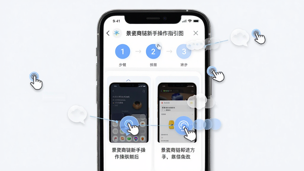 景瓷商链新手操作指引图,主体为手机屏幕中的分步教程页面,布局为上下结构,上方为步骤序号,下方为对应操作截图与文字说明,风格为清新简约风,细节包括手指点击图标与提示气泡,画质清晰,干净,无多余元素