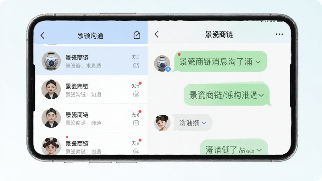 景瓷商链消息沟通界面,主体为手机聊天窗口与通知列表,布局为左右分栏,左侧为联系人列表,右侧为对话气泡,风格为清新浅色风,细节包括陶瓷头像与未读红点,画质清晰,干净,无多余元素
