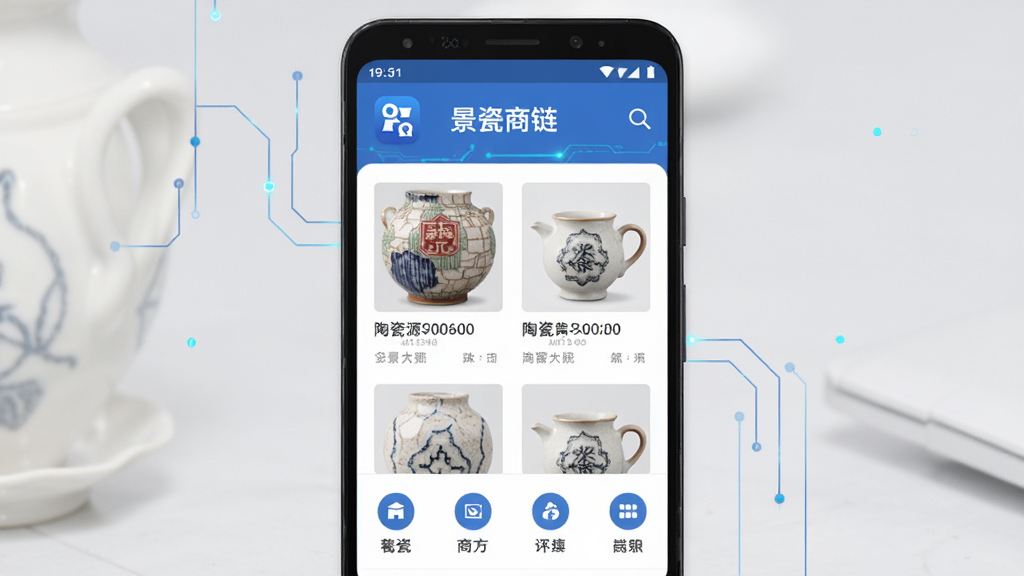 景瓷商链手机应用界面展示,主体为一部安卓手机,屏幕中显示商务资源对接页面与陶瓷商品列表,布局为居中构图,上方为应用名称,下方为功能模块图标,风格为现代扁平化商务风,细节包括陶瓷纹理与蓝色科技线条,画质清晰,干净,无多余元素