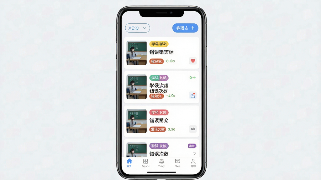 一张展示作业拍照批改软件错题本功能的界面截图风格图片,画面主体是手机屏幕显示错题列表,每道错题旁边标注了学科标签和错误次数,屏幕上方有筛选和导出按钮,布局为应用界面展示,排版清晰展示列表结构,风格为简洁扁平化UI设计,细节包括不同颜色的学科标签、错题缩略图、底部导航栏,画质清晰,干净,无多余元素。