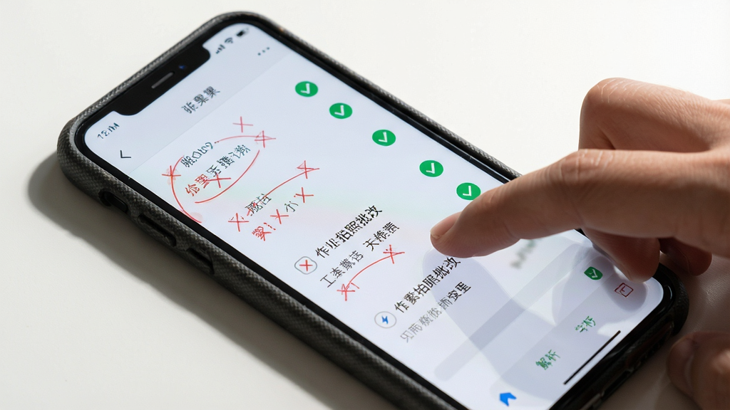 一张展示作业拍照批改软件在手机上运行状态的图片,画面主体是手机屏幕显示批改结果页面,屏幕上有红色错题标记和绿色对勾,手机旁边有一只手正在滑动屏幕查看解析,布局为斜45度角展示,排版突出屏幕内容与手部动作,风格为真实使用场景摄影,细节包括手机壳纹理、屏幕亮度、手指阴影,画质清晰,干净,无多余元素。