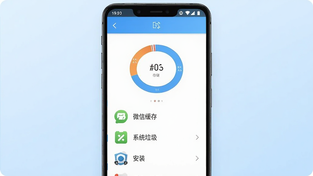 微清理软件主界面展示,画面中央放置一部安卓手机,手机屏幕显示微清理APP的扫描完成页面,上方有环形存储占用图表,下方列出微信缓存、系统垃圾、安装包等分类清理项,背景为淡蓝色渐变,整体风格清爽简约,画质清晰,干净无多余元素