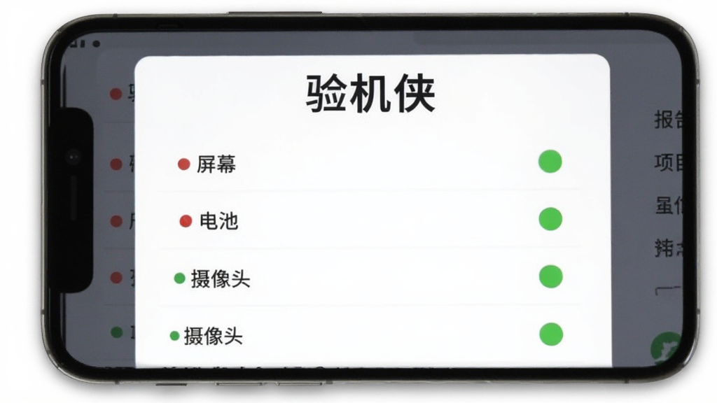 手机屏幕展示一份验机侠硬件检测报告,报告以列表形式呈现屏幕、电池、摄像头等项目,每项旁边有红色或绿色圆点标识,报告顶部有“验机侠”三个字,背景为白色卡片式布局,周围有淡淡的阴影,整体风格简洁商务,画质清晰,无多余元素