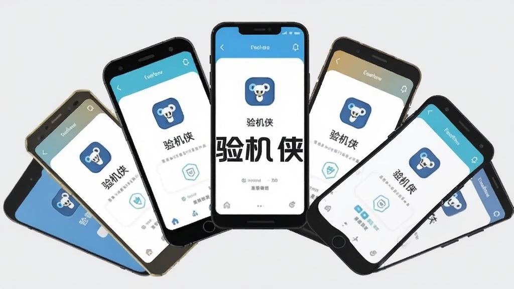 画面中多部不同品牌的手机排列成扇形,每部手机屏幕上都显示验机侠的图标与检测界面,背景为浅灰色,手机颜色各异但整体色调统一,扁平化风格,画质清晰,无多余元素,画面中央有“验机侠”文字标识