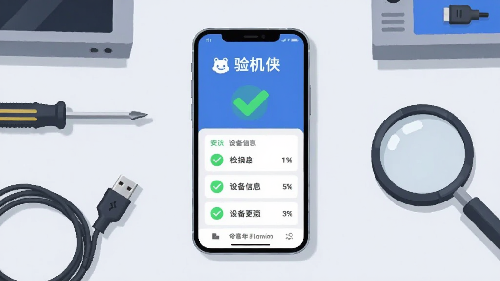 画面中央放置一部智能手机,手机屏幕显示验机侠的检测报告界面,界面中包含绿色对勾与设备信息列表,手机周围散落着螺丝刀、数据线、放大镜等数码检测工具,背景为浅灰色简约工作台面,整体采用扁平化科技插画风格,细节清晰,色彩以蓝白灰为主,画质干净,无多余元素,无杂乱文字