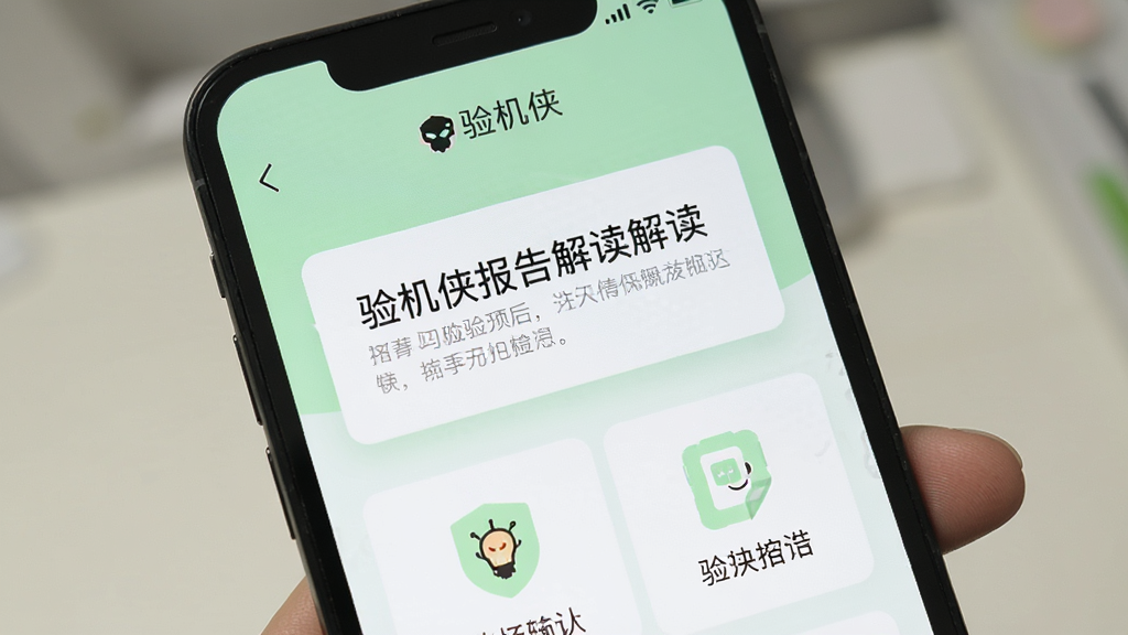 手机屏幕显示验机侠报告解读页面,页面中有文字说明框和简单的图标示意,背景为浅绿色与白色搭配,整体风格清新浅色,画质干净,无多余元素,画面中可见“验机侠”字样