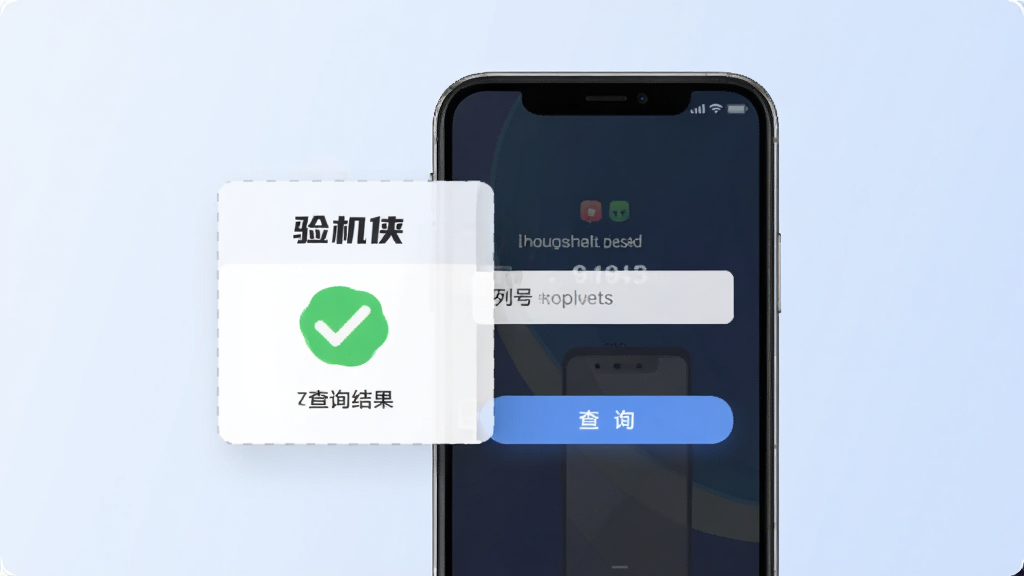一部手机屏幕显示序列号输入框与查询按钮,旁边浮现出带有“验机侠”字样的查询结果卡片,卡片上有绿色通过标识,背景为柔和的浅蓝色渐变,扁平化设计风格,画面干净整洁,画质清晰,无多余装饰元素