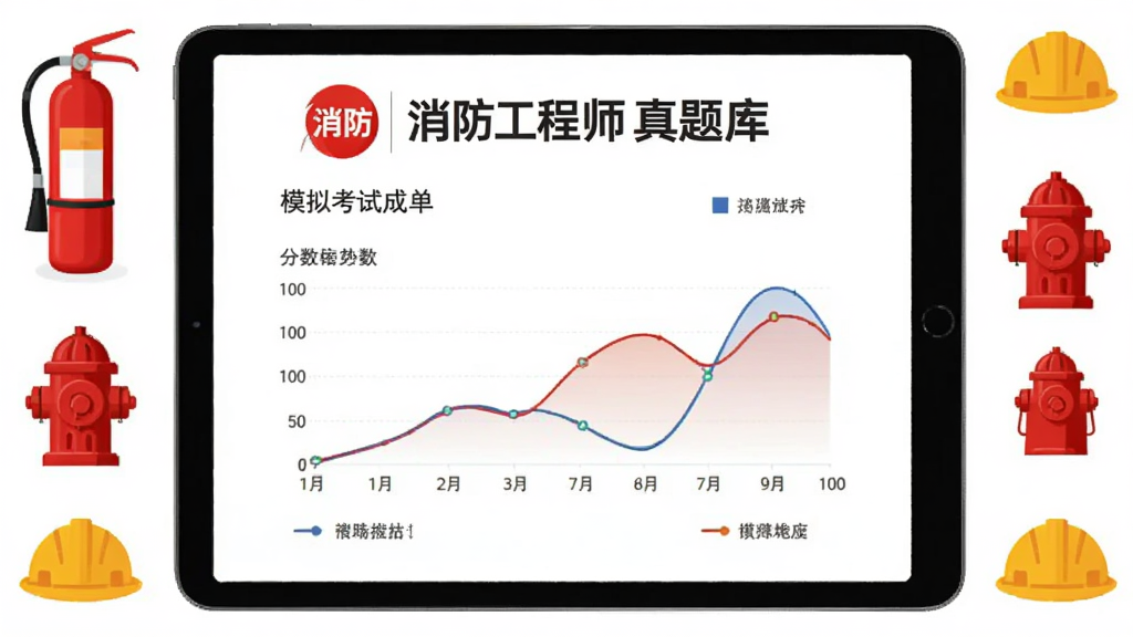 画面主体为一块显示模拟考试成绩单的平板电脑,成绩单上有