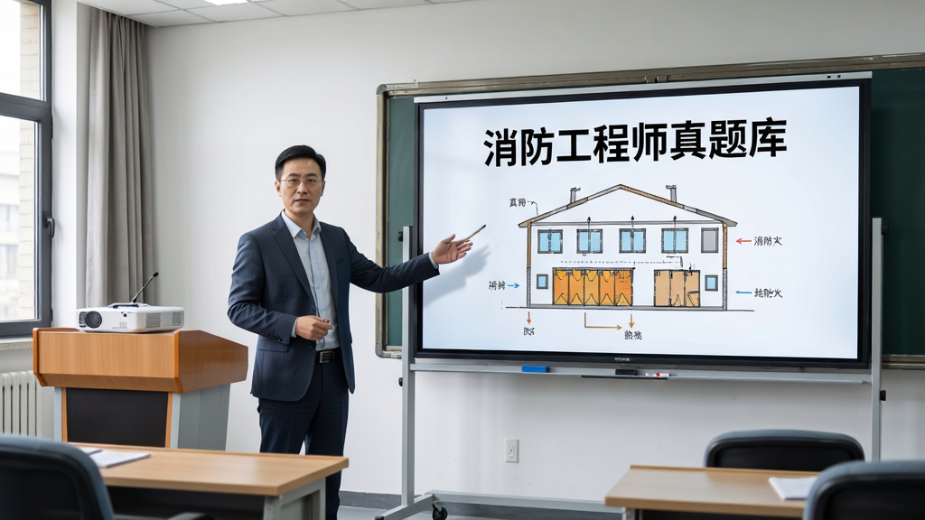 画面主体为一位讲师站在电子白板前讲解消防工程师考题,白板上显示