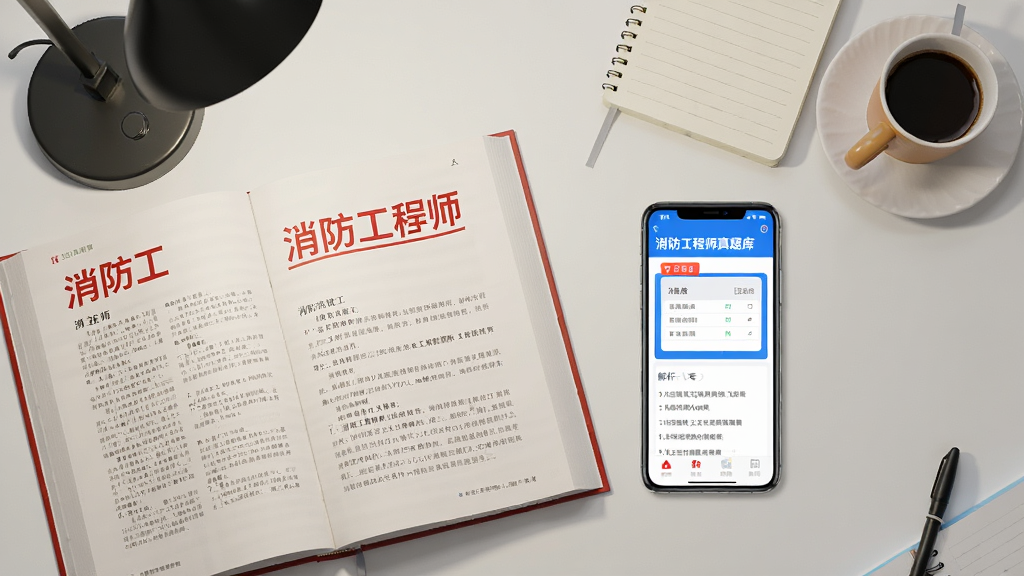画面主体为一本翻开的消防工程师教材与一部智能手机并排放在书桌上,手机屏幕显示