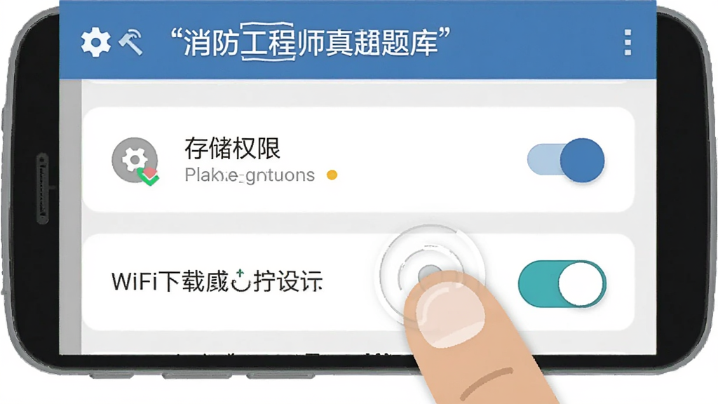 画面主体为一部安卓手机显示消防工程师真题库的权限设置界面,界面中有存储权限与WiFi下载开关,布局为手机正面特写,排版突出设置选项,风格为扁平化UI示意图,细节包括手指点击屏幕、设置图标、开关按钮,画质清晰,干净,无多余元素