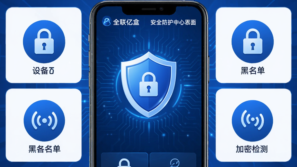 主体为全联亿盒安全防护中心界面,布局为手机竖屏展示,中心为盾牌图标,四周环绕设备锁、黑名单、加密检测等功能入口,排版对称,风格为蓝色安全科技风,细节包括锁形图标、信号屏蔽符号,画质清晰干净无多余元素