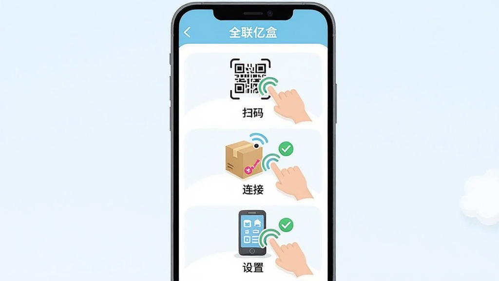 主体为全联亿盒新手引导页面截图风格插画,布局为手机屏幕竖版展示,屏幕内显示分步操作图示,排版从上到下依次为扫码、连接、设置三步,风格为清新扁平化教程风,细节包括手指点击图标、信号连接线、对勾标记,画质清晰干净无多余元素,屏幕中显示文字“全联亿盒”