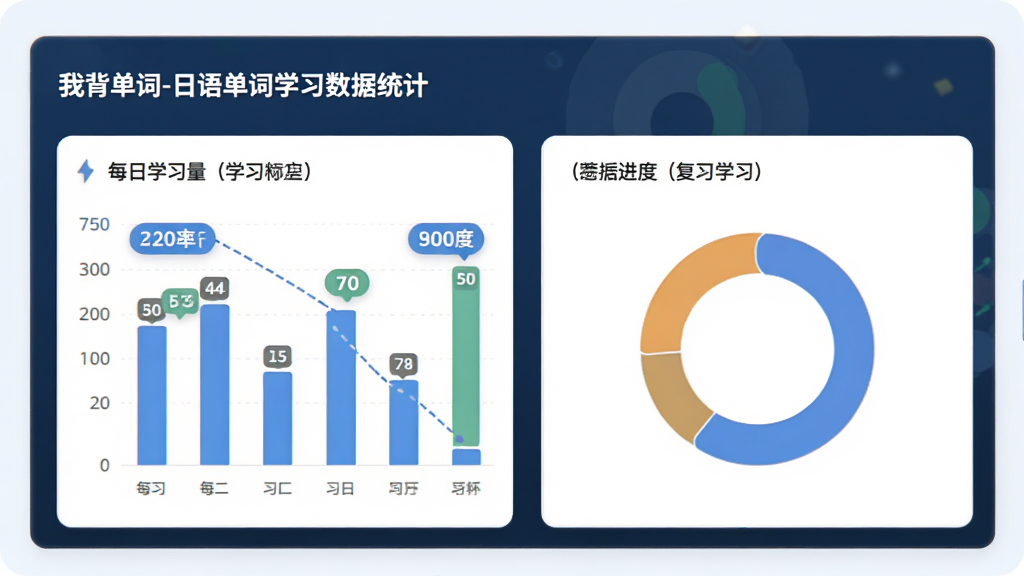 ���ұ�����-���ﵥ��ѧϰ����ͳ��ҳ�棬����Ϊ��״ͼ�ͻ���ͼչʾѧϰ���ȣ�����Ϊ��Ƭʽ���У��Ű��࣬�����������ϸ�ڰ���ÿ��ѧϰ������ϰ�ʵ����ֱ�ǩ�����ʸ��壬�ɾ����޶���Ԫ��