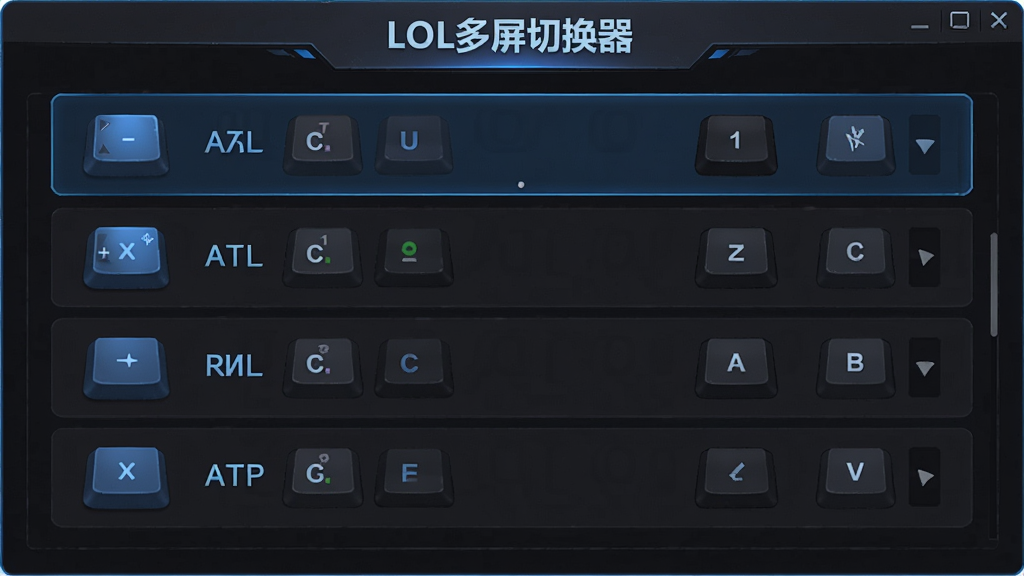 一张展示LOL多屏切换器自定义快捷键设置界面的图片,画面中是一个设置面板,面板上列出多个快捷键选项,旁边有键盘按键图标,面板标题写着“LOL多屏切换器”,风格为深色主题搭配蓝色高亮,细节上突出按键的立体图标和设置选项的排列,画质清晰,干净无多余元素