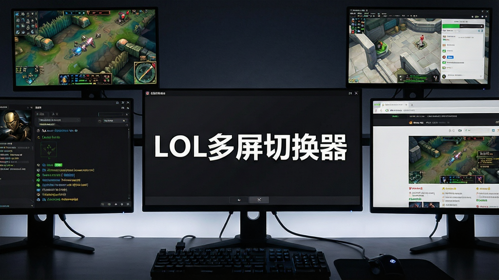 一张展示LOL多屏切换器软件界面的图片,画面中央是简洁的软件控制面板,面板上清晰显示着“LOL多屏切换器”几个大字,周围环绕着多台显示器,分别显示游戏画面、聊天窗口和网页攻略,整体布局整洁有序,风格为科技感十足的深色主题,细节上突出显示器的边框与连接线,画质清晰锐利,干净无多余元素