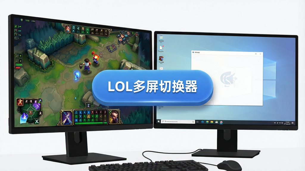 一张展示LOL多屏切换器一键切换功能的图片,画面中一台电脑连接着两块显示器,左侧显示器显示英雄联盟游戏画面,右侧显示器显示桌面,一个醒目的虚拟按钮悬浮在画面中央,按钮上写着“LOL多屏切换器”,风格为简约扁平化设计,细节上突出按钮的光影效果和显示器的边框,画质清晰,干净无多余元素