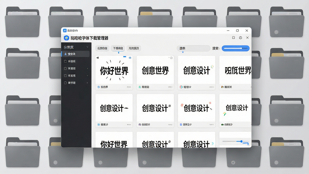 一个虚拟的字体资源库场景,画面中央是“玩哈哈字体下载管理器”的软件窗口,窗口内展示着成排的字体预览卡片,每张卡片上写着不同风格的中文词语如“你好世界”“创意设计”,背景是整齐排列的字体文件夹图标,布局采用网格状排列,风格为简洁科技感,细节包括分类标签、搜索高亮、下载进度条,画质高清,干净,无多余元素