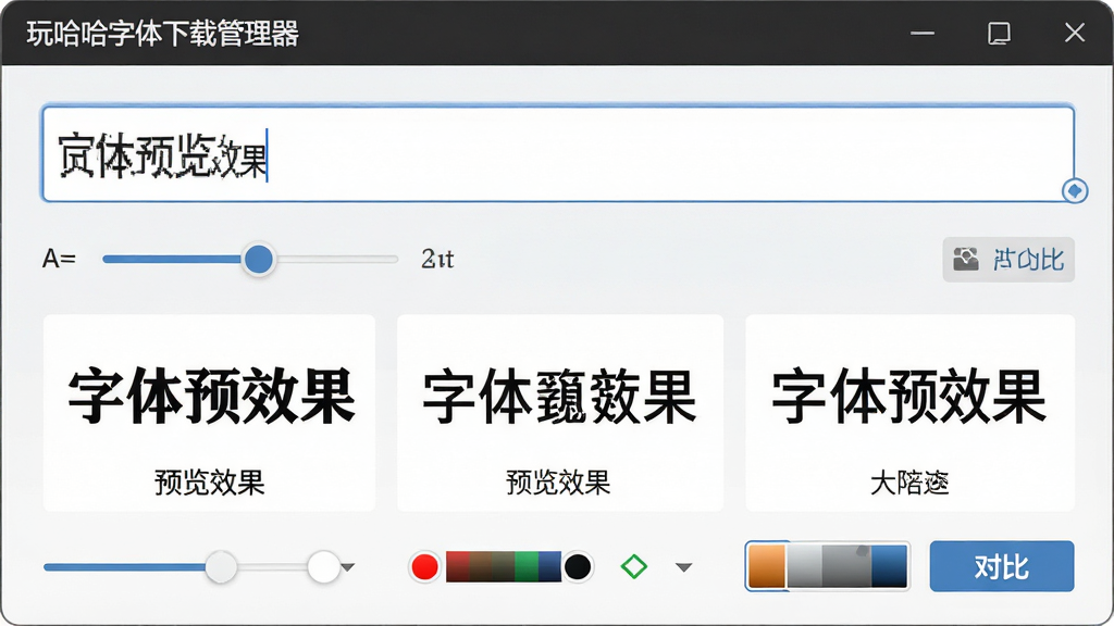 软件界面特写,展示“玩哈哈字体下载管理器”的字体预览功能,画面中央是一个文本输入框,里面写着“字体预览效果”,下方并排展示三款不同字体的相同文字,每款字体下方标注字体名称,布局为上下结构,风格为清爽办公风,细节包括字号调节滑块、颜色选择器、对比按钮,画质高清,干净,无多余元素