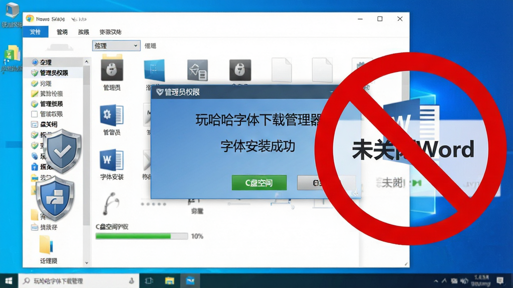 一个电脑桌面场景,画面中央是“玩哈哈字体下载管理器”的弹窗提示“字体安装成功”,背景是Windows系统字体文件夹窗口,画面右侧有一个醒目的红色禁止图标叠加在“未关闭Word”的提示上,布局为左右对比,风格为教程示意图,细节包括管理员权限盾牌图标、C盘空间进度条,画质高清,干净,无多余元素