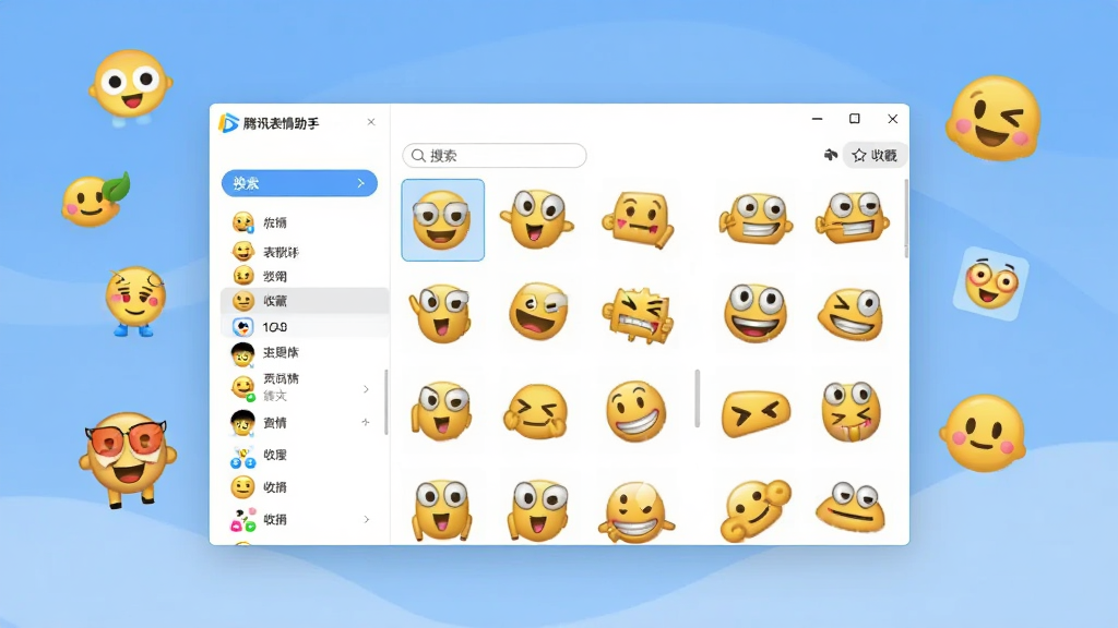 一张展示腾讯表情助手软件界面的图片,画面中央是软件主窗口,左侧为表情分类导航栏,右侧为表情预览网格,窗口风格简洁现代,背景为淡蓝色渐变,画面中有多个卡通表情符号漂浮,风格为扁平化UI设计,细节包括表情包缩略图、搜索框、收藏按钮,画质清晰,干净,无多余元素