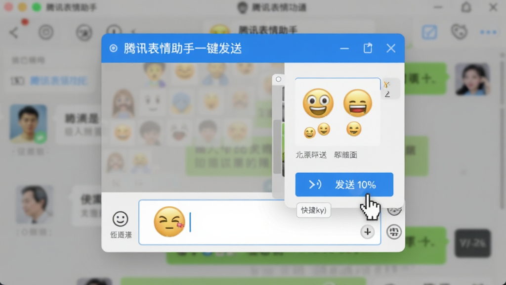 一张展示腾讯表情助手一键发送功能的图片,画面中软件窗口悬浮在聊天窗口上方,鼠标光标正点击发送按钮,聊天输入框中出现表情图案,背景为模糊的聊天界面,界面风格为悬浮式设计,细节包括发送按钮、表情预览、快捷键提示,画质清晰,干净,无多余元素