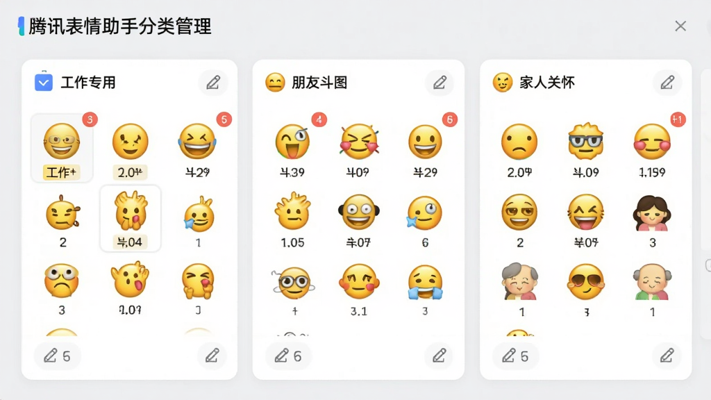 一张展示腾讯表情助手分类管理界面的图片,画面中显示多个表情分组标签,如“工作专用”“朋友斗图”“家人关怀”,每个分组下排列着对应的表情缩略图,界面风格为卡片式布局,背景为浅灰色,细节包括分组图标、表情数量角标、编辑按钮,画质清晰,干净,无多余元素
