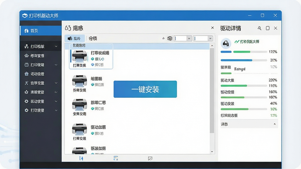 一张展示打印机驱动大师软件界面的全景图,画面中央为软件主窗口,窗口内显示打印机设备列表与一键安装按钮,左侧为功能导航栏,右侧为驱动详情区域,整体布局清晰对称,采用现代简约科技风格,细节包含图标、进度条与状态提示,画质高清,画面干净,无多余元素,软件名称“打印机驱动大师”以文字形式出现在窗口标题栏位置。