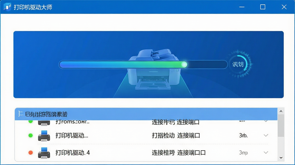 一张展示打印机驱动大师智能检测功能的界面图,画面主体为软件窗口,窗口中央显示正在扫描打印机的动态进度条,下方列出已识别的打印机型号与连接端口,界面采用蓝色与白色为主色调,风格简洁专业,细节包含设备图标、状态指示灯与扫描动画,画质清晰,画面干净,无多余元素,软件名称“打印机驱动大师”出现在窗口顶部。