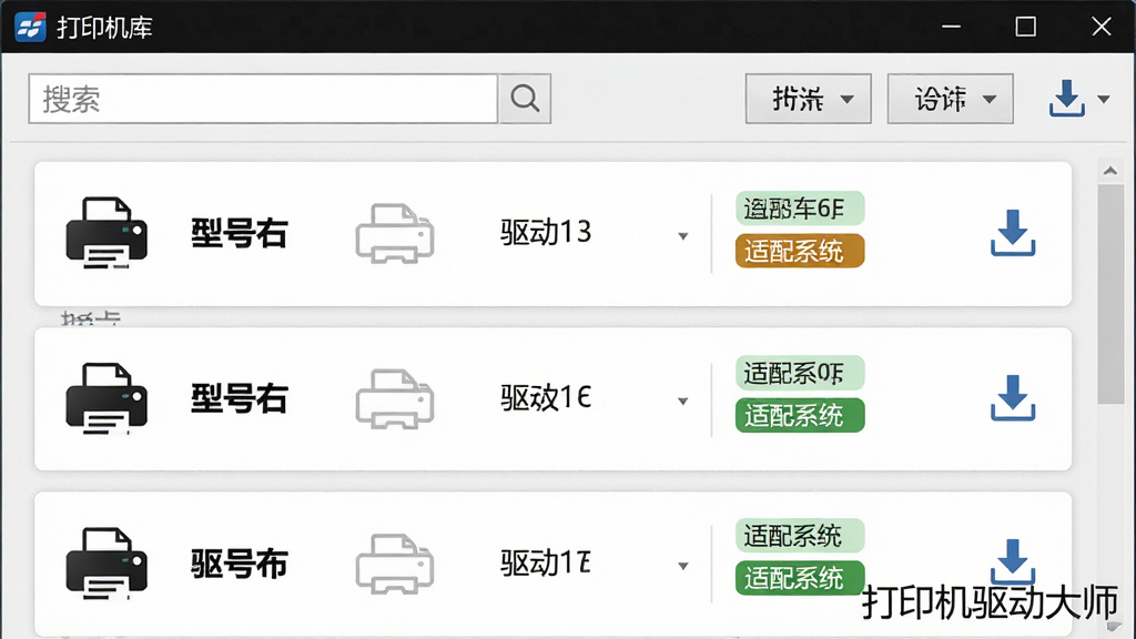 一张展示打印机驱动大师驱动库列表的界面图,画面为软件窗口内滚动的驱动条目列表,每条记录包含打印机品牌图标、型号名称、驱动版本号与适配系统标签,界面采用卡片式布局,风格整洁有序,细节包含搜索框、筛选按钮与下载图标,画质高清,画面干净,无多余元素,软件名称“打印机驱动大师”以水印形式出现在界面右下角。