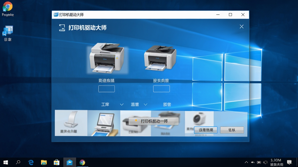 一张展示打印机驱动大师在Windows电脑上运行时的桌面截图,画面为软件主界面覆盖在桌面背景之上,界面内显示已连接的打印机设备与操作按钮,桌面背景为简洁的蓝色渐变,风格真实自然,细节包含任务栏图标、窗口阴影与系统托盘,画质高清,画面干净,无多余元素,软件名称“打印机驱动大师”出现在窗口标题栏。