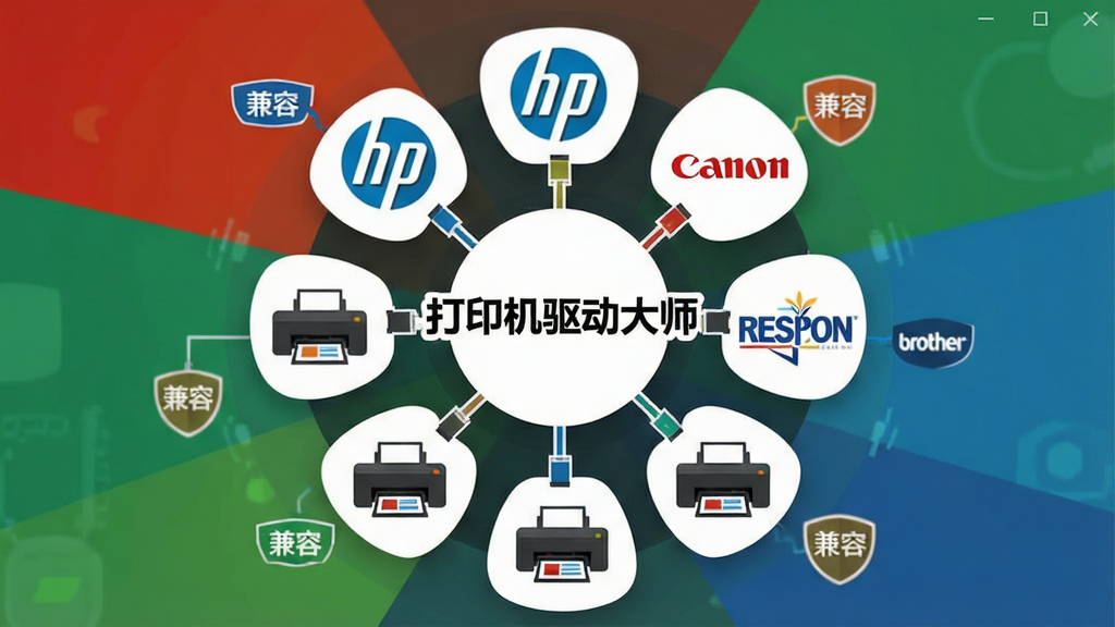一张展示打印机驱动大师跨品牌兼容支持的界面图,画面中央为多个打印机品牌Logo环绕排列,包括惠普、佳能、爱普生、兄弟等,Logo下方为对应的打印机设备图标,整体布局呈圆形放射状,风格现代扁平化,细节包含连接线、品牌色彩与兼容标识,画质清晰,画面干净,无多余元素,软件名称“打印机驱动大师”出现在画面中心位置。
