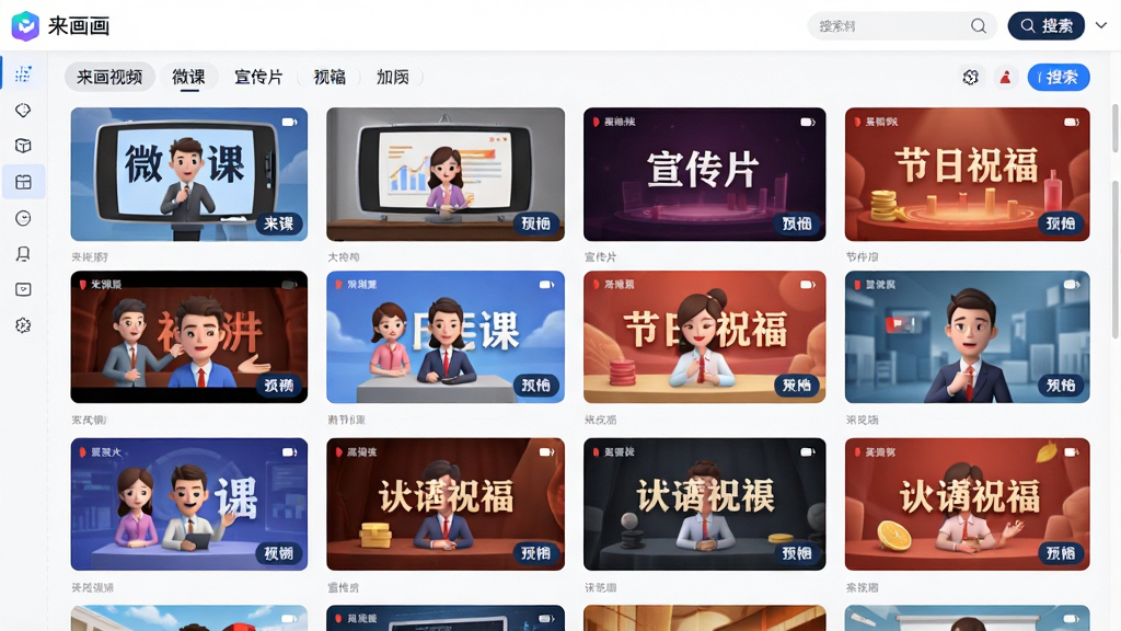 一张来画视频模板库界面的展示图,画面主体是来画视频软件中的模板选择页面,布局为网格状排列的模板缩略图,每个缩略图展示不同的动画场景如微课、宣传片、节日祝福等,排版整齐,风格为清新明亮的UI设计风,细节包括分类标签栏、搜索框、预览按钮,画质高清,画面干净,无多余元素