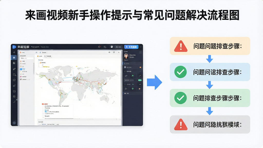 一张来画视频新手操作提示与常见问题解决流程图,画面主体是来画视频软件界面与问题排查步骤的图文结合,布局为左侧软件截图、右侧解决步骤列表,排版清晰,风格为信息图表风格,细节包括警告图标、勾选标记、箭头指引,画质高清,画面干净,无多余元素