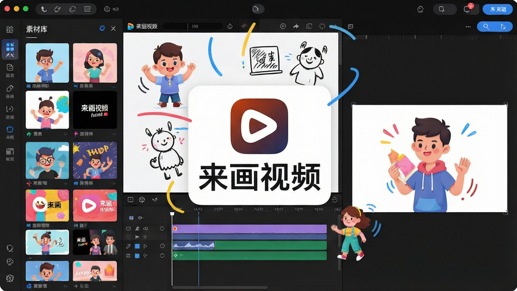 一张展示来画视频软件主界面的全景图,画面中央是来画视频的Logo与名称“来画视频”,周围环绕着动画角色、手绘元素、时间轴编辑面板和丰富的模板缩略图,整体布局为左右分栏,左侧是素材库面板,右侧是画布预览区,排版清晰整洁,风格为现代扁平化科技感,细节包括图标按钮、色彩鲜艳的卡通人物、动态线条装饰,画质为高清4K,画面干净,无多余元素