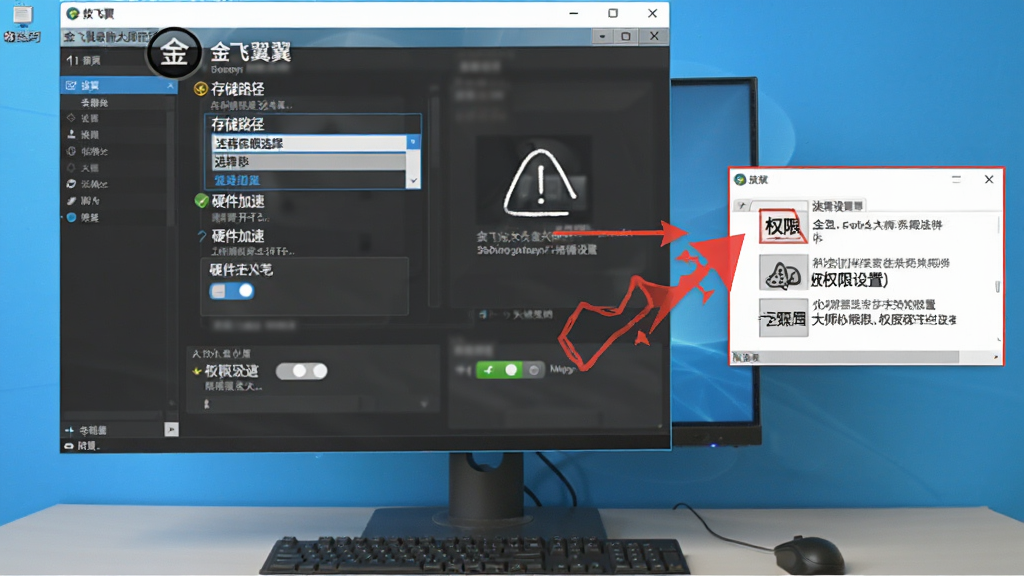 金飞翼屏幕录像大师使用技巧示意图,画面展示电脑桌面上的软件设置界面,重点标注存储路径选择和硬件加速开关,界面旁有红色警示标志指向权限设置选项,整体风格为教学图解式,画质清晰,干净无多余元素