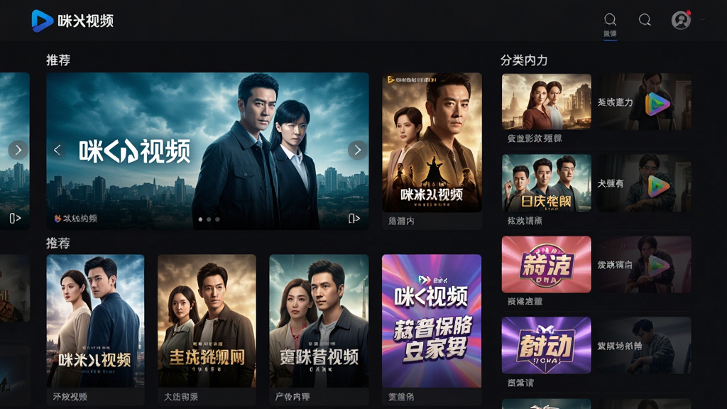 咪咕视频海量影视内容展示界面,主体为视频客户端首页推荐页面,布局采用网格瀑布流排列,排版左侧为大屏轮播海报右侧为分类推荐列表,风格为深色背景搭配亮色海报的高端影院风格,细节包含电影海报、电视剧封面、综艺节目缩略图,画质高清,干净,无多余元素