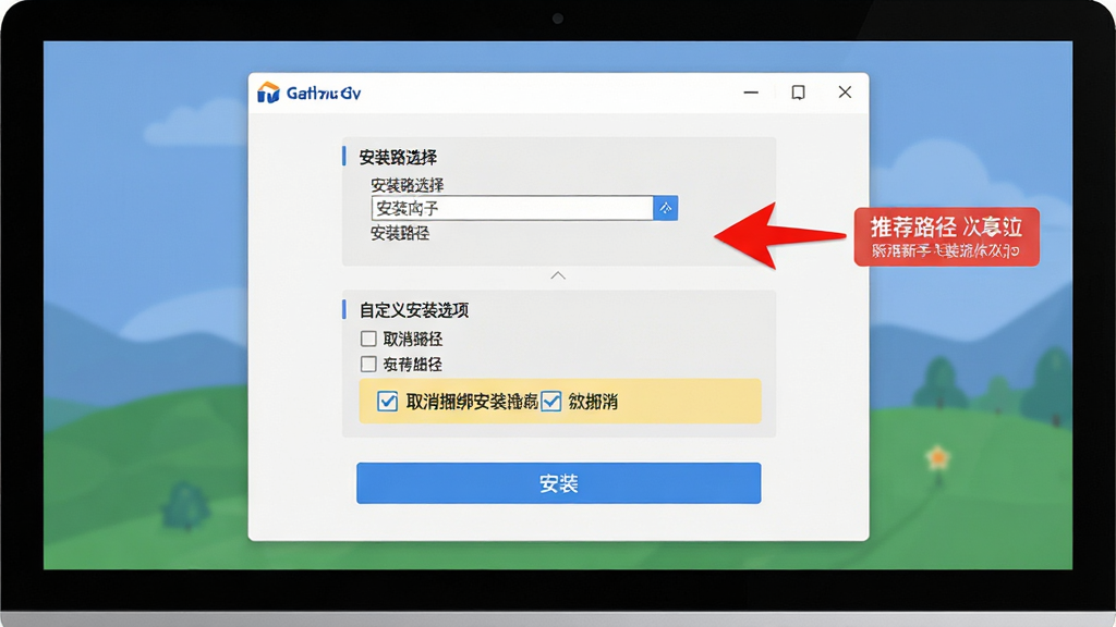 咪咕视频新手安装操作流程图,主体为电脑屏幕显示软件安装向导界面,布局上方为安装路径选择框中间为自定义安装选项下方为安装按钮,排版简洁明了,风格为清新浅色扁平化设计,细节包含取消捆绑勾选的红色标注箭头、推荐路径高亮提示,画质高清,干净,无多余元素