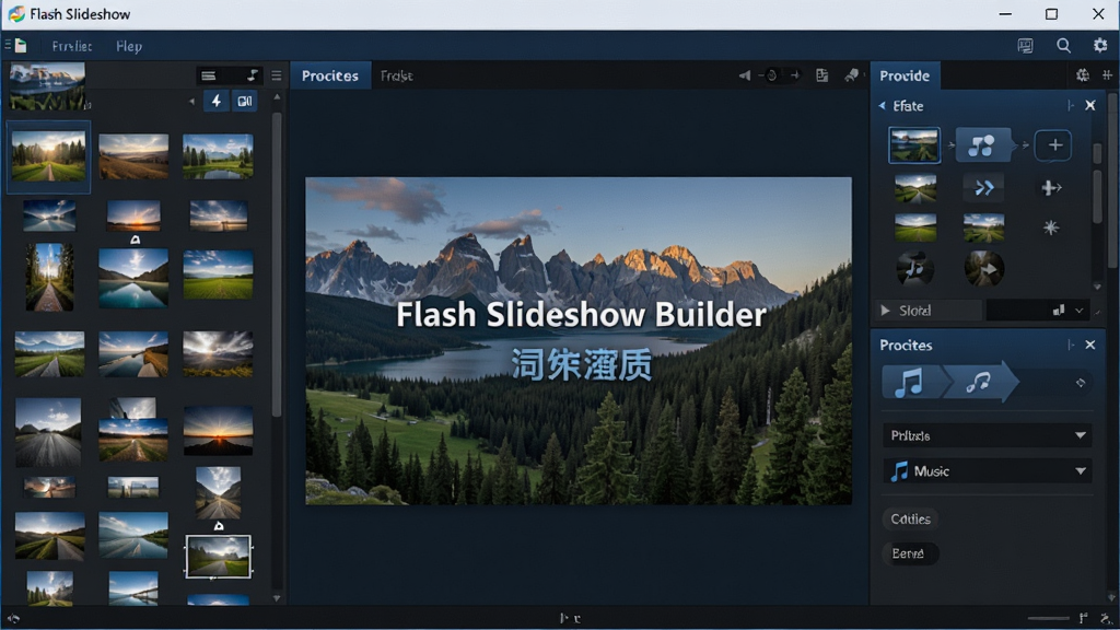 一张展示 Flash Slideshow Builder 软件界面的全景图,主体是打开状态的软件窗口,左侧为图片素材库缩略图,中间为幻灯片预览画布,右侧为转场特效与背景音乐设置面板,界面采用深色与蓝色搭配的现代风格,画布上显示一张风景照片和文字标题,整体布局清晰,风格专业简洁,画质高清,干净无多余元素