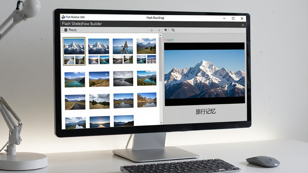 一张电脑桌面场景图,屏幕上打开着 Flash Slideshow Builder 软件,界面中显示一个正在编辑的旅行相册项目,照片缩略图排列整齐,预览窗口显示雪山风景照片,旁边有文字标题“旅行记忆”,桌面整洁,有鼠标和键盘,整体光线柔和,画质高清,干净无多余元素