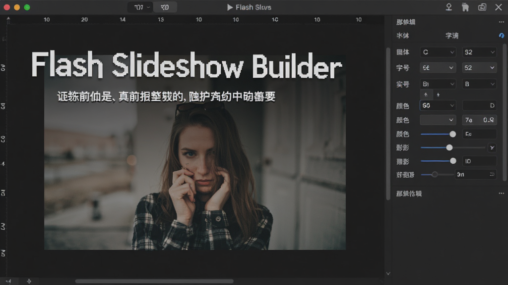 Flash Slideshow Builder 的文字编辑界面,画布上有一张照片,照片上方叠加了白色文字标题和副标题,右侧属性面板显示字体、字号、颜色、阴影等调节选项,界面采用深色主题,文字清晰可见,整体布局规整,画质高清,无多余元素