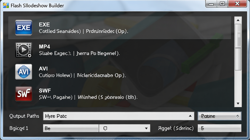 Flash Slideshow Builder 的导出设置窗口,窗口中列出多种输出格式选项如 EXE、MP4、AVI、SWF,每种格式旁边有对应的图标和简要说明,下方有输出路径选择和画质参数设置,界面风格简洁商务,画质高清,干净无多余元素