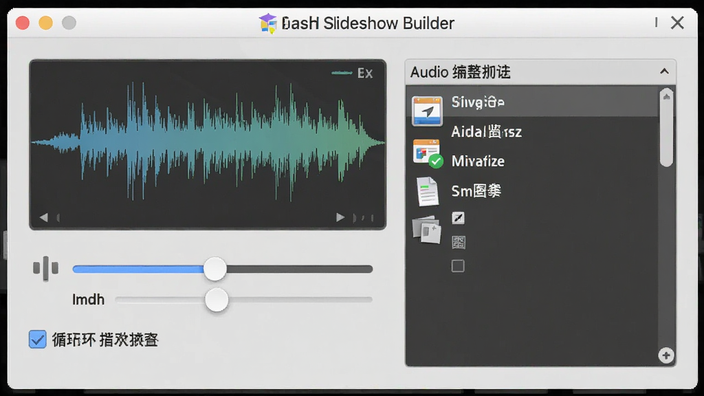 Flash Slideshow Builder 软件操作界面,展示音频设置窗口,窗口中包含音乐波形图、音量滑块、循环播放复选框和音频文件列表,背景为浅灰色面板,界面风格清爽,文字标注清晰,画质高清,干净无多余元素