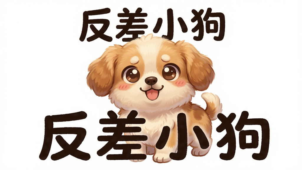 画面中央是一只可爱的卡通小狗,表情带有反差萌,主体突出,布局采用居中构图,排版简洁明了,风格为治愈系卡通插画,细节包括小狗毛发的柔和质感、圆润的眼睛和俏皮的姿态,画质高清,干净无多余元素,图片中打上文字“反差小狗”