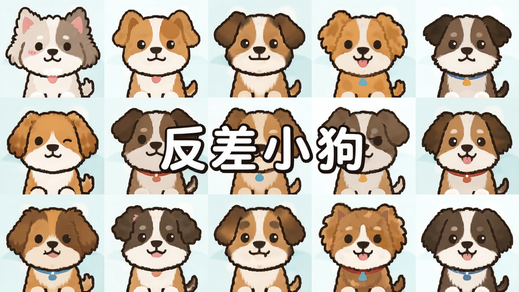 画面中展示多只风格各异的卡通小狗,主体是各种可爱小狗的集合,布局采用网格排列,排版整齐有序,风格为扁平化卡通设计,细节包括每只小狗不同的毛色、耳朵形状和表情,画质清晰,干净无多余元素,图片中打上文字“反差小狗”
