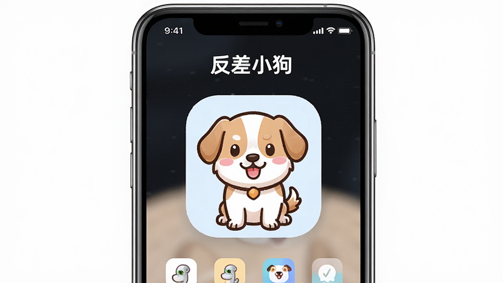 画面中一部智能手机屏幕显示反差小狗应用主界面,主体是手机和屏幕上的卡通小狗,布局采用居中展示,排版简洁,风格为科技产品展示风,细节包括手机边框、屏幕光泽和界面UI元素,画质高清,干净无多余元素,图片中打上文字“反差小狗”