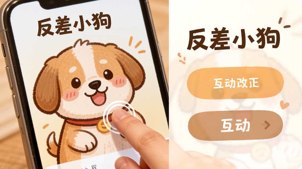 画面中一只卡通小狗正在与用户互动,主体是用户手指触摸屏幕中小狗的温馨场景,布局采用左右分栏,排版左侧为小狗形象右侧为互动按钮,风格为温馨治愈系插画,细节包括手机屏幕、手指触控动作和小狗开心的表情,画质高清,干净无多余元素,图片中打上文字“反差小狗”