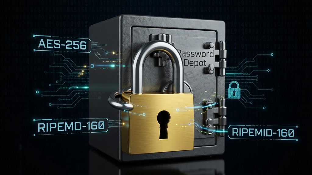 Password Depot 加密技术示意图,主体是一个巨大的金色挂锁将数字保险箱牢牢锁住,保险箱表面刻有