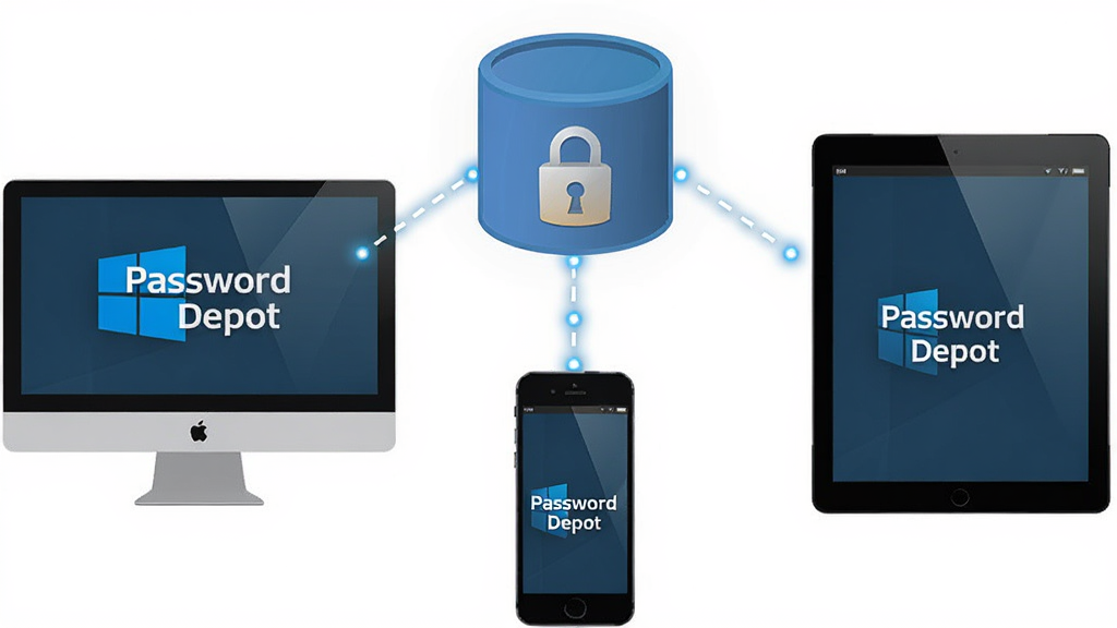 Password Depot 多设备同步示意图,主体是中央一个加密数据库图标,通过虚线连接至左侧的 Windows 电脑、中间的手机、右侧的平板电脑,每个设备屏幕上都显示